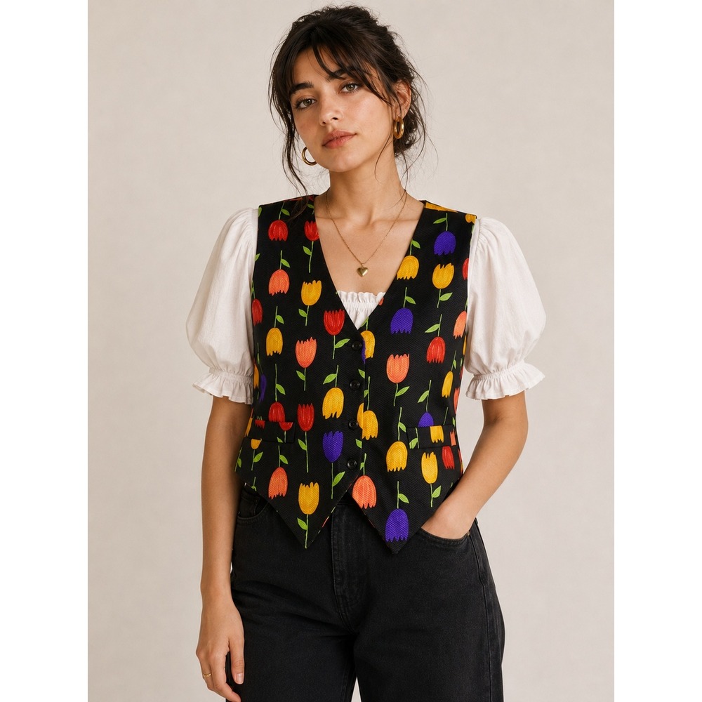 VTG Tulip Print Vest Womens L Black Floral Cottagecore Garden Floral USA 90s - Picture 2 of 9